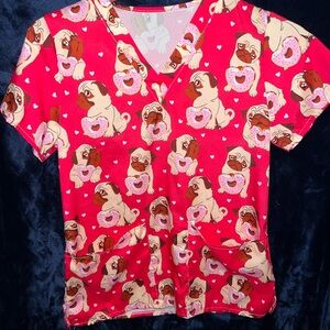 Hot pink Pug Print Scrub Top